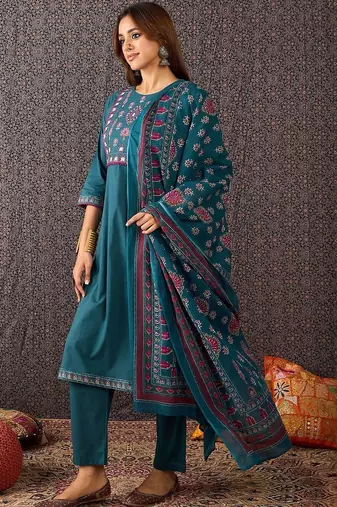Women Embroidered Regular Thread Work Pure Cotton Kurta with Trousers & Dupatta