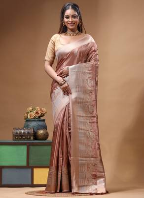 rose gold crepe saree with desighner varanasi ghat theme zari border 1