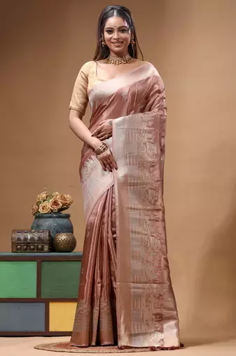 rose gold crepe saree with desighner varanasi ghat theme zari border