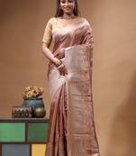 rose gold crepe saree with desighner varanasi ghat theme zari border