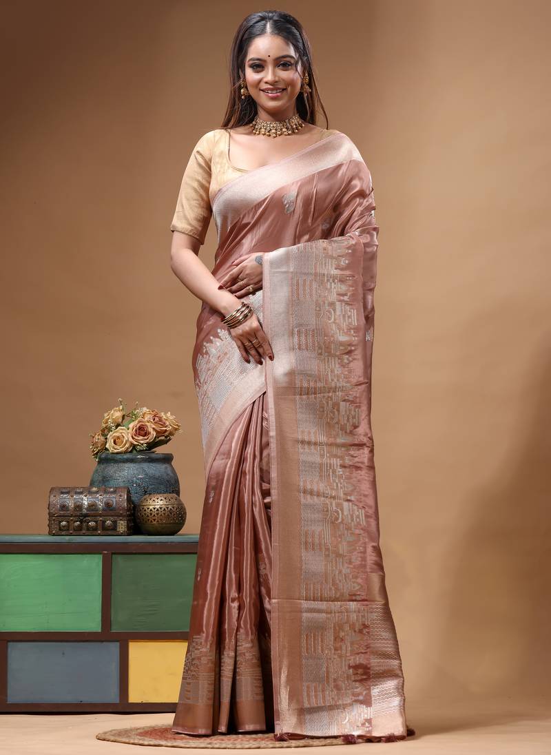 rose gold crepe saree with desighner varanasi ghat theme zari border