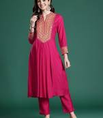 Women Ethnic Motifs Embroidered Pleated Mirror Work Kurta with Trousers