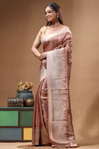 rose gold crepe saree with desighner varanasi ghat theme zari border
