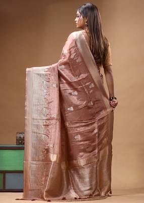rose gold crepe saree with desighner varanasi ghat theme zari border 3