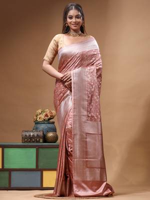 blush pink mashru silk blend saree with silver zari weaving & woven border 1