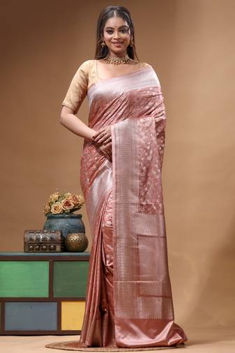 blush pink mashru silk blend saree with silver zari weaving & woven border