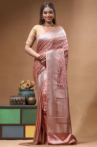 blush pink mashru silk blend saree with silver zari weaving & woven border