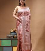 blush pink mashru silk blend saree with silver zari weaving & woven border