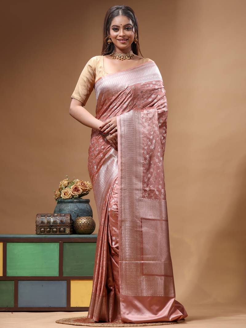 blush pink mashru silk blend saree with silver zari weaving & woven border