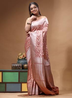 blush pink mashru silk blend saree with silver zari weaving & woven border 2