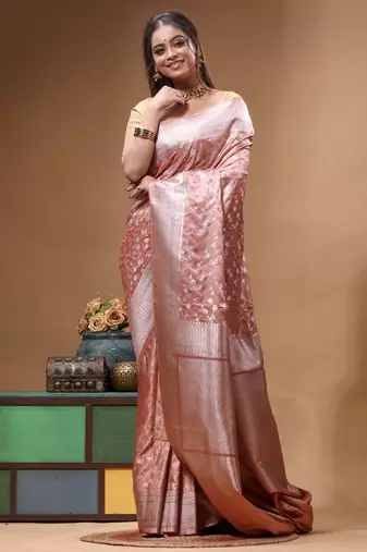 blush pink mashru silk blend saree with silver zari weaving & woven border