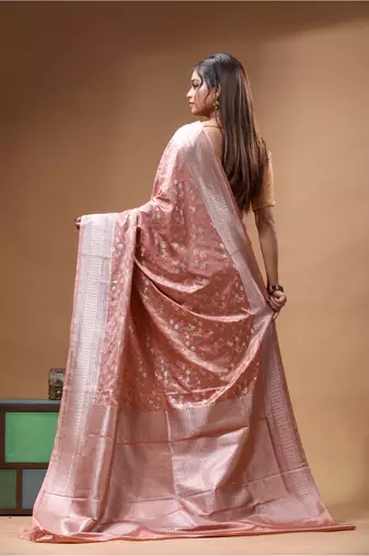 blush pink mashru silk blend saree with silver zari weaving & woven border