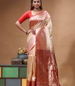 Beige katan silk saree with red & golden zari woven motifs border