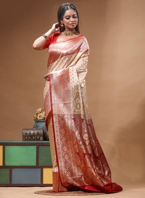Beige katan silk saree with red & golden zari woven motifs border 2