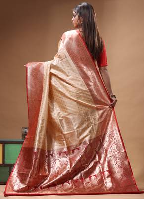 Beige katan silk saree with red & golden zari woven motifs border 3