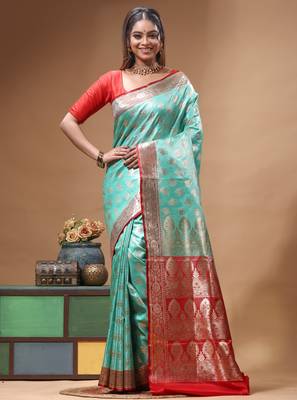 Aqua blue katan silk saree with red & golden zari woven motifs border 1