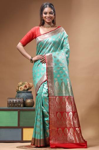 Aqua blue katan silk saree with red & golden zari woven motifs border