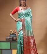 Aqua blue katan silk saree with red & golden zari woven motifs border