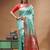 Aqua blue katan silk saree with red & golden zari woven motifs border
