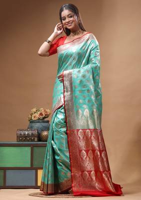 Aqua blue katan silk saree with red & golden zari woven motifs border 2