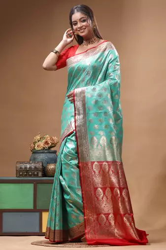 Aqua blue katan silk saree with red & golden zari woven motifs border