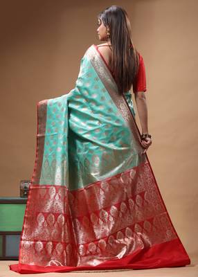 Aqua blue katan silk saree with red & golden zari woven motifs border 3