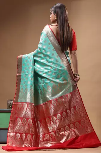 Aqua blue katan silk saree with red & golden zari woven motifs border
