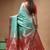 Aqua blue katan silk saree with red & golden zari woven motifs border