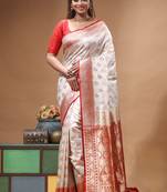 Off-white katan silk saree with gold zari woven border & red contrasting border