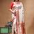 Off-white katan silk saree with gold zari woven border & red contrasting border