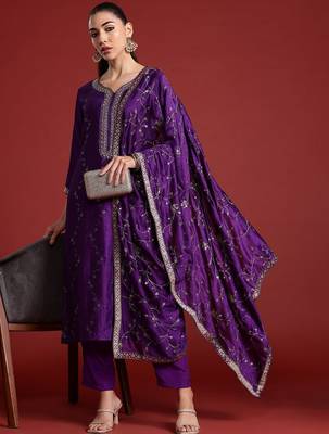 Floral Embroidered Sequinned Kurta With Trousers & Dupatta 1