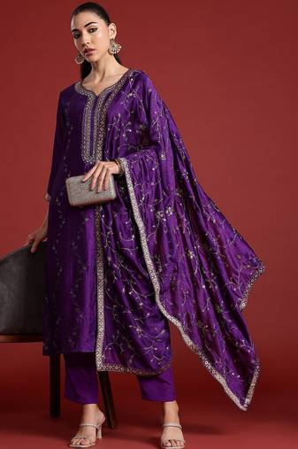 Floral Embroidered Sequinned Kurta With Trousers & Dupatta