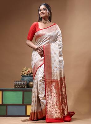Off-white katan silk saree with gold zari woven border & red contrasting border 2