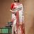 Off-white katan silk saree with gold zari woven border & red contrasting border