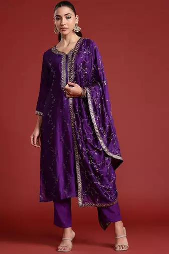 Floral Embroidered Sequinned Kurta With Trousers & Dupatta