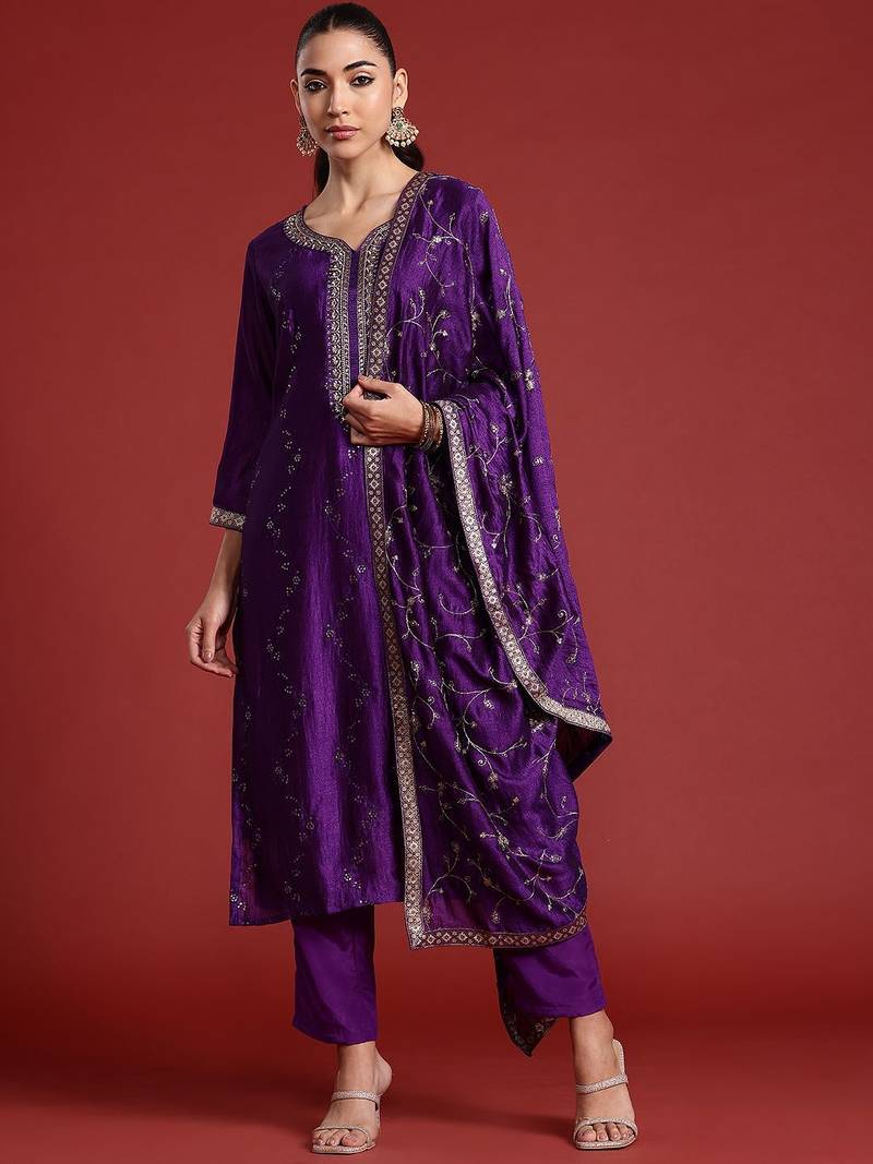Floral Embroidered Sequinned Kurta With Trousers & Dupatta