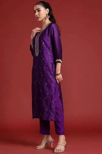 Floral Embroidered Sequinned Kurta With Trousers & Dupatta