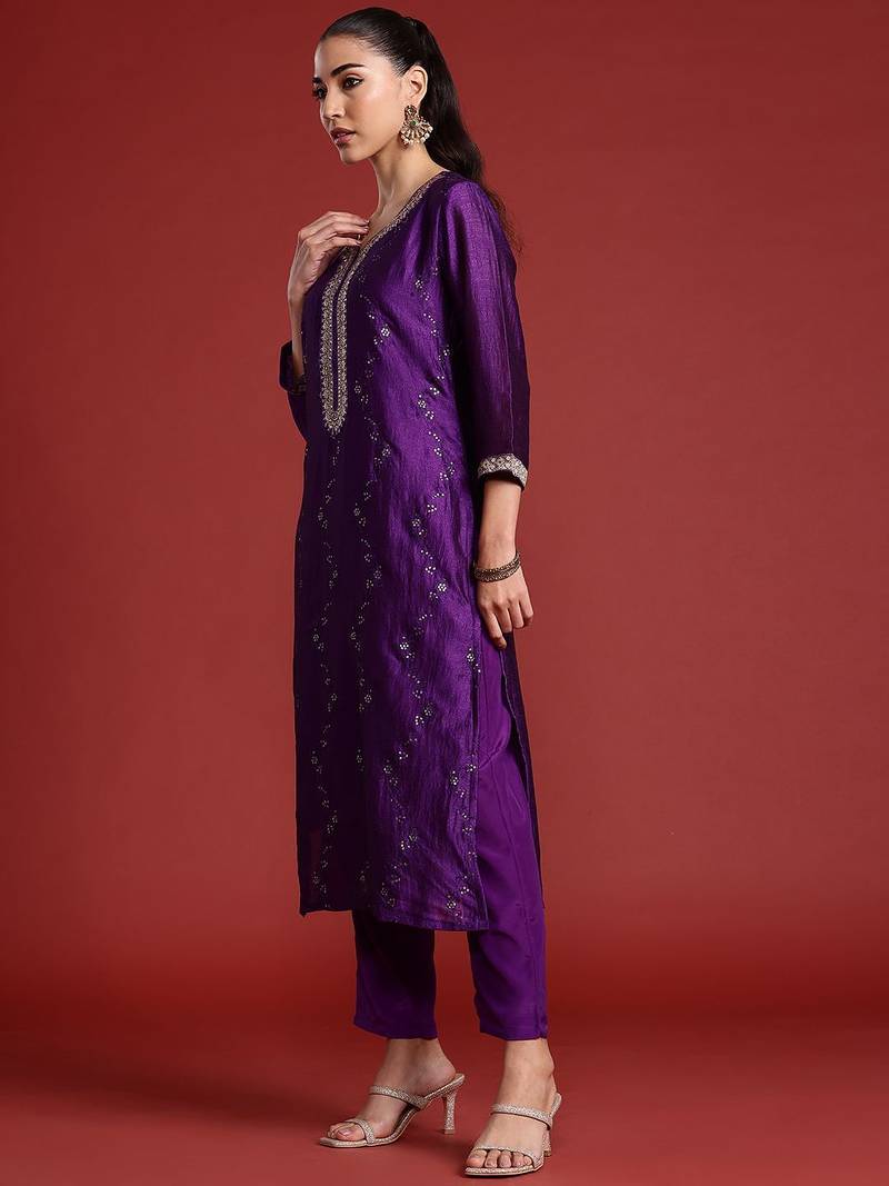 Floral Embroidered Sequinned Kurta With Trousers & Dupatta