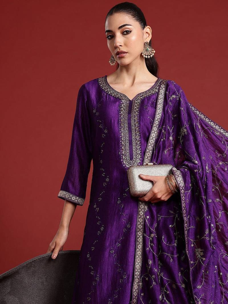 Floral Embroidered Sequinned Kurta With Trousers & Dupatta