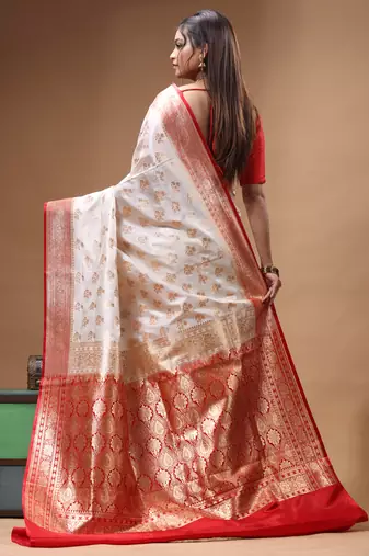 Off-white katan silk saree with gold zari woven border & red contrasting border