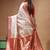Off-white katan silk saree with gold zari woven border & red contrasting border