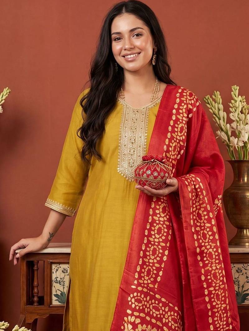 Women Ethnic Motifs Embroidered Regular Thread Work Kurta with Trousers & With Dupatta