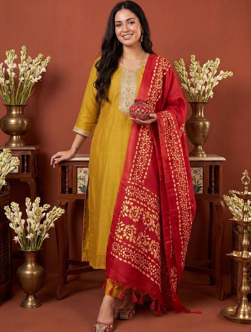 Women Ethnic Motifs Embroidered Regular Thread Work Kurta with Trousers & With Dupatta
