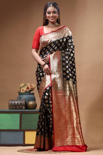 Black katan silk saree with golden zari woven border & buti design