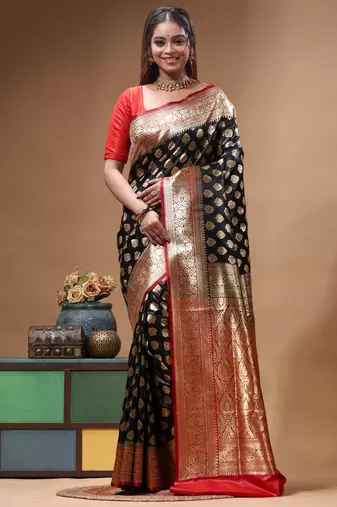 Black katan silk saree with golden zari woven border & buti design