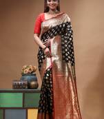 Black katan silk saree with golden zari woven border & buti design