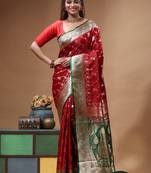 Red & green katan silk saree with zari woven border & traditional floral design