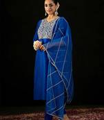 V Neck Floral Yoke Design Zardozi Straight Kurta with Trouser & Dupatta