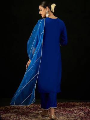 V Neck Floral Yoke Design Zardozi Straight Kurta with Trouser & Dupatta 6