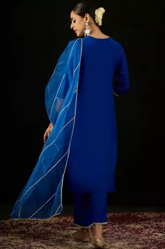 V Neck Floral Yoke Design Zardozi Straight Kurta with Trouser & Dupatta